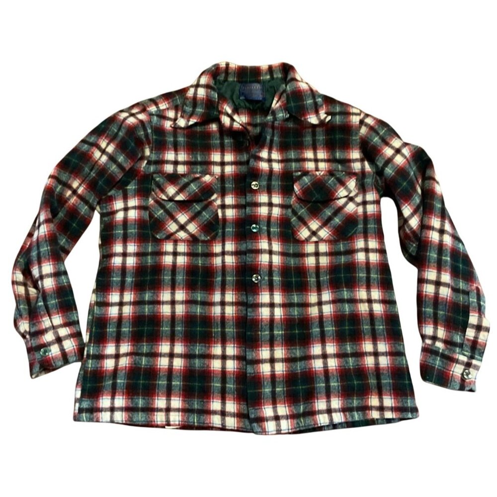 Vtg Pendleton Board Shirt Shacket L Loop Collar Red Green Plaid Virgin Wool USA